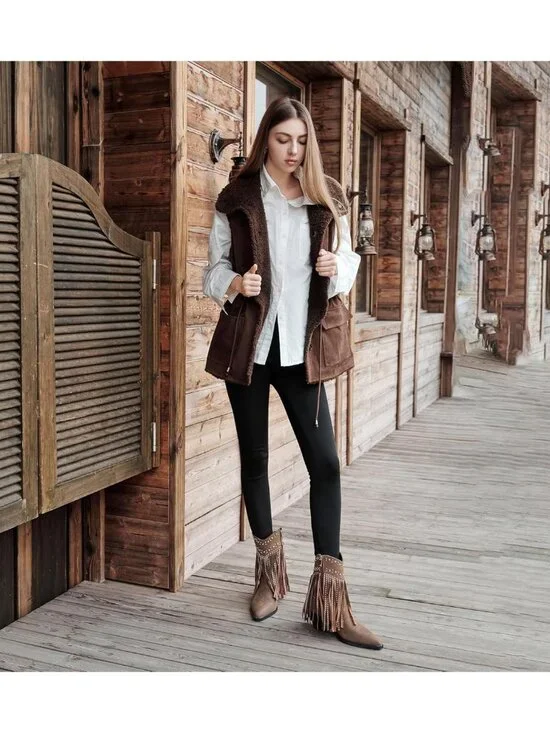 Women’s Brown Boots Rhinestone Studded Western Fringe Ankle Boot Block Heel - Picture 5 of 6